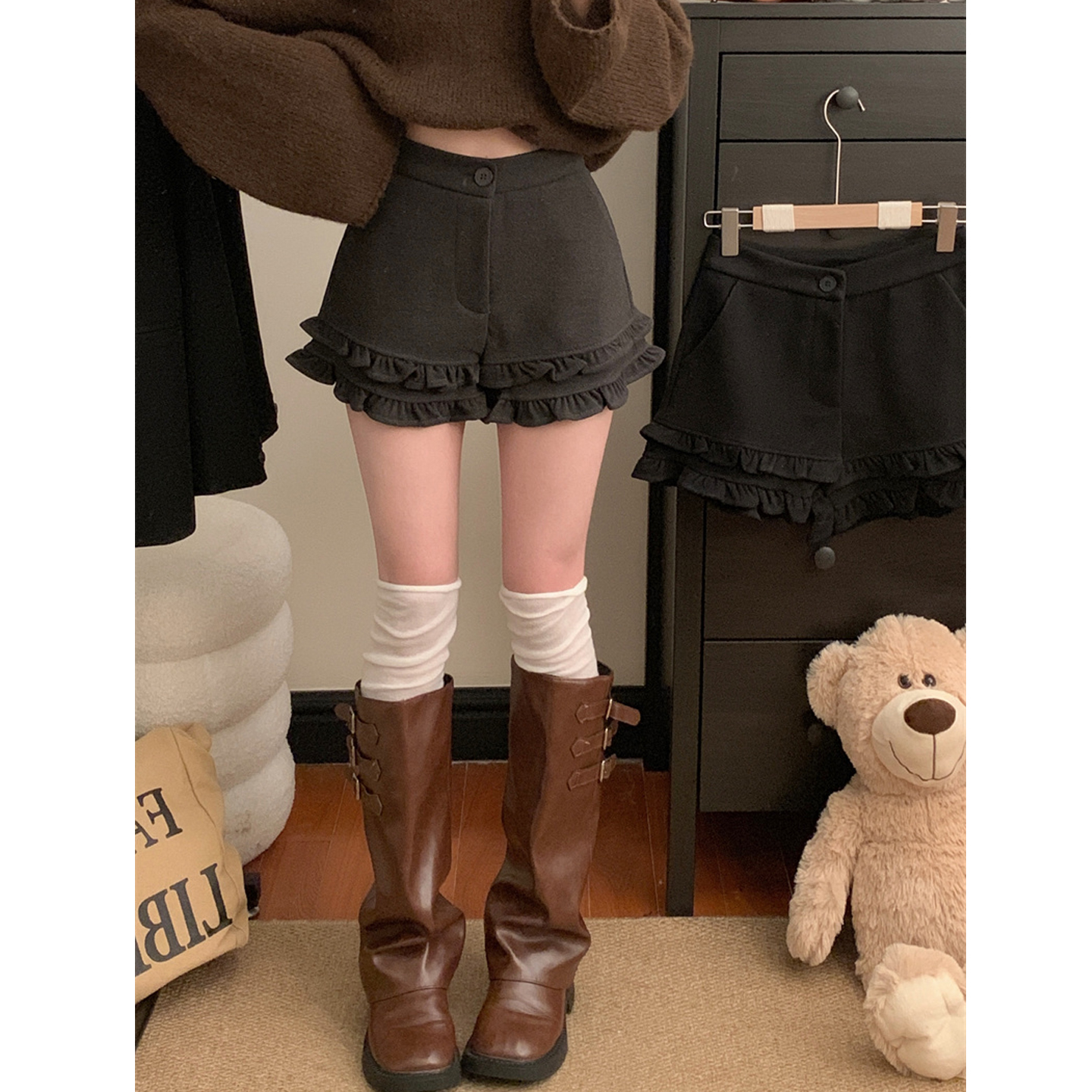 灰色毛呢阔腿短裤女秋冬2025新款