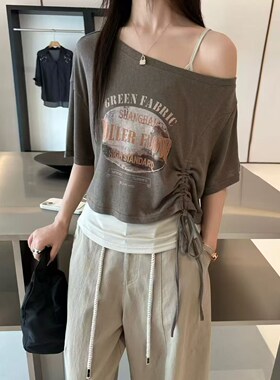 268610新款oit夏季韩系时尚宽松百搭字母印花短袖T恤女背心两件套