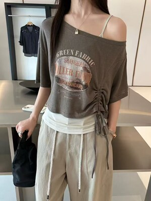 268610新款oit夏季韩系时尚宽松百搭字母印花短袖T恤女背心两件套