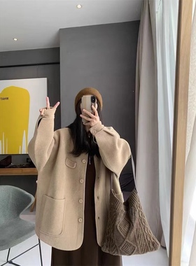 5770ss羊绒复古气质短款圆领宽松秋冬针织双面休闲蓝粒绒毛衣开衫