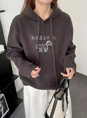 81258蓝粒绒韩系加绒加厚连帽宽松毛衣女秋冬百搭保暖上衣
