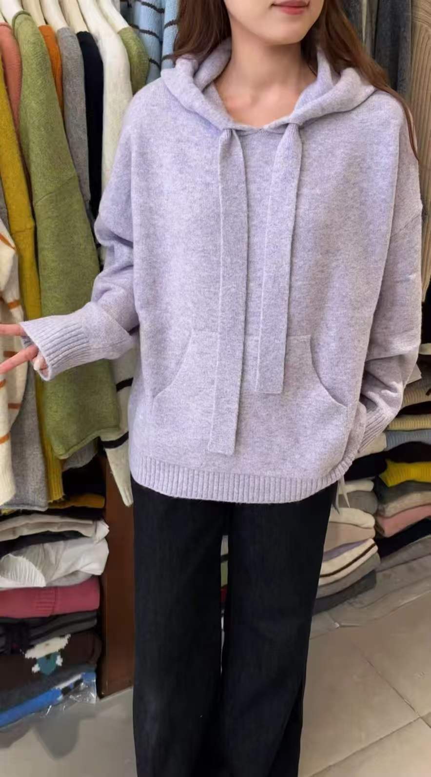 358加厚yc雾凇糯米绒彩纱超暖糯连帽针织衣秋冬加厚慵懒百搭