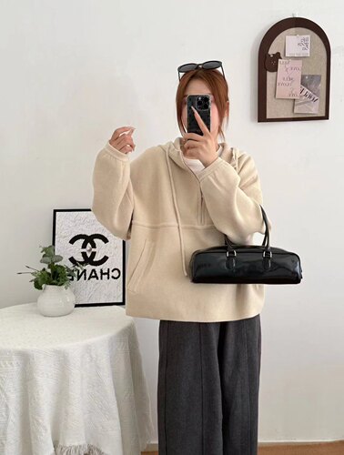 06689加厚蓝粒绒连帽女插肩袖厚款拉链套头款毛衣百搭纯色带帽