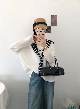 80389圆领烫印INS风长袖宽松型韩版T恤黑白拼色国风法式针织衫