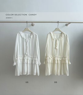 8081糖果绑带荷叶边春秋新款 连衣裙 温柔系百褶波浪裙摆长袖