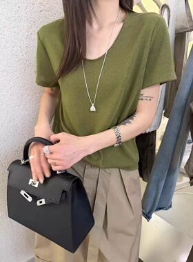 2678夏新款abc慵懒风宽松百搭U领印花短袖T恤女清新风大版