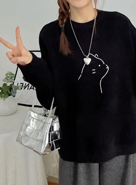 81091加厚蓝粒绒秋冬慵懒风橘色宽松圆领针织衫毛衣女外穿百搭