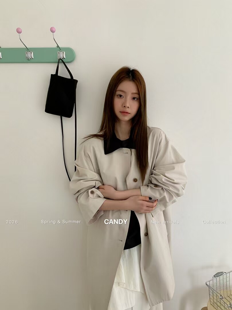 9037糖果配包包领口韩版宽松撞色夹棉长款风衣外套女时尚百搭