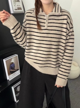81518加厚新款半拉链宽松慵懒风条纹针织毛衣秋冬百搭上衣