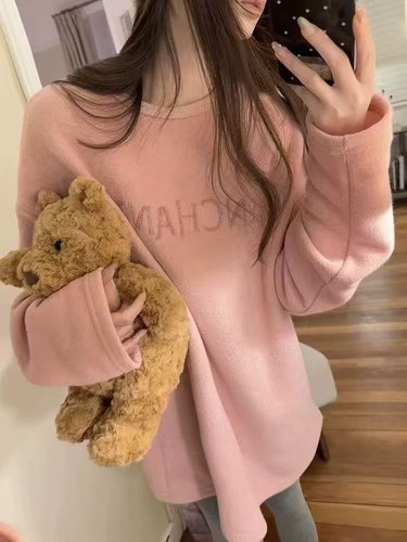 1893韩系加绒加厚磨毛圆领宽松长袖T恤ins风保暖内搭打底上衣女冬