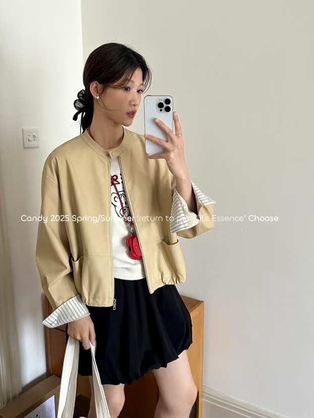 E9039糖果春秋简约立领女士复古宽松休闲时尚短款皮衣外套
