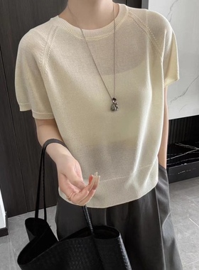 80328夏季宽松简约薄款纯色修身显瘦套头气质时尚圆领针织上衣