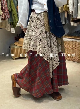36207甜米返潮复古格子拼接宽松百搭时尚牛仔休闲半身裙