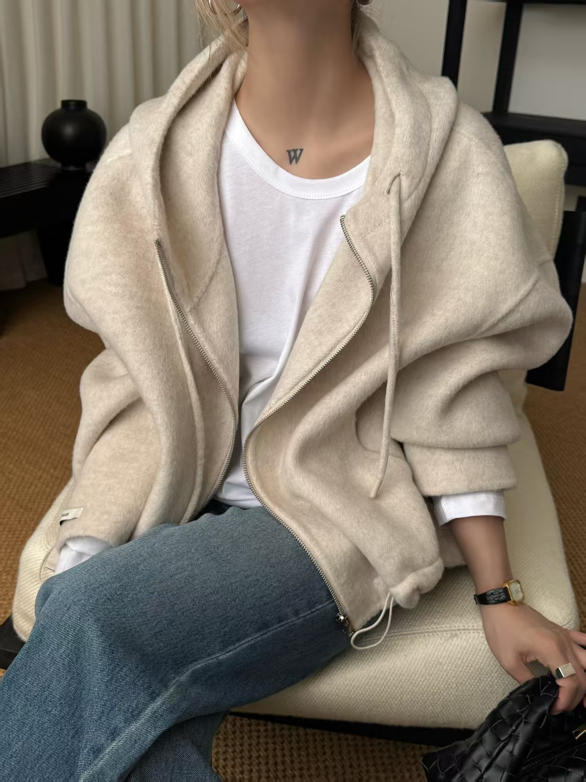 8507巴城高端全羊毛双面羊绒拉链款女套头连帽卫衣百搭ins外套