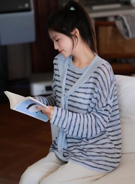 80361通勤长袖条纹不起球薄款毛针织衫外搭毛衣秋季度假风