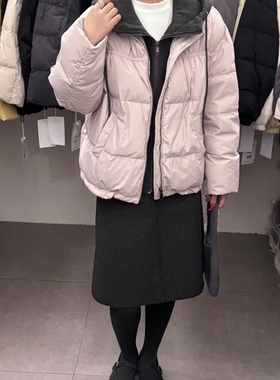 6375欢喜撞色带帽宽松拉链门襟保暖拼接假两件时尚轻薄冬季外套