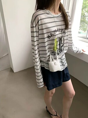 268397夏oit韩系慵懒风宽松百搭条纹印花长袖防晒T短裤套装81890