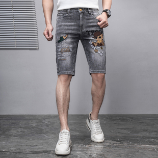 男士 牛仔短裤 五分中裤 弹力刺绣皇冠修身 潮牌夏季 百搭休闲马裤 薄款