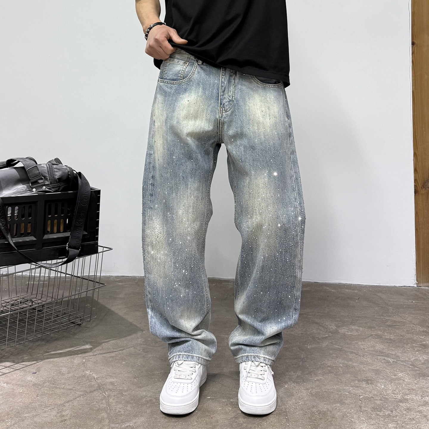 美式满天星烫钻宽松直筒牛仔裤男