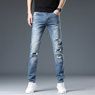 高端潮牌破洞补丁牛仔裤男款修身小直筒秋冬季痞帅炸街休闲长裤子