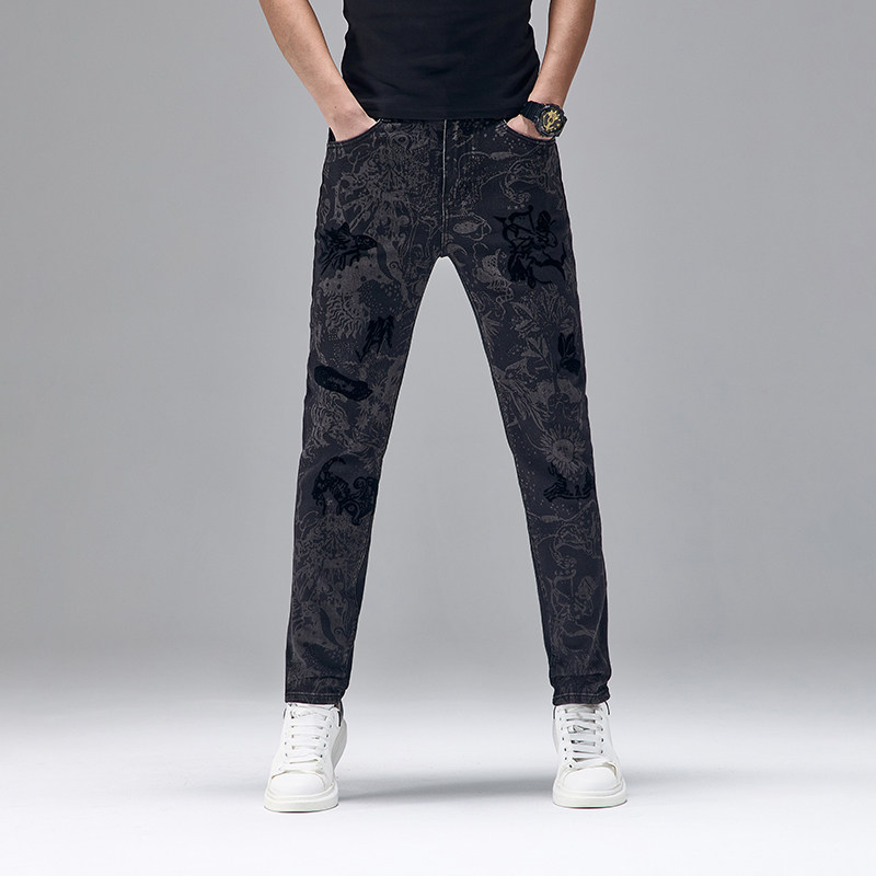 高端男装时尚牛仔裤男款满印花修身小脚弹力秋冬季潮流休闲长裤子