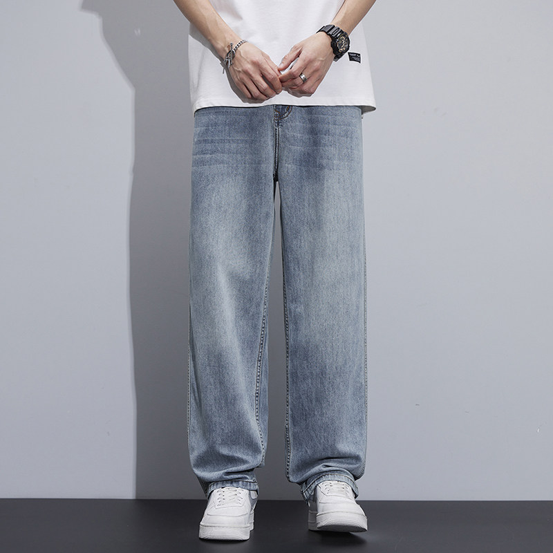 美式冰丝复古牛仔裤男士夏季薄款直筒宽松潮牌垂感休闲百搭长裤子
