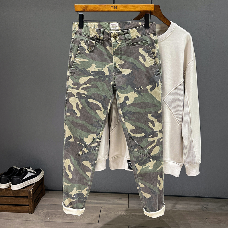 高端迷彩工装牛仔裤男款韩版潮流修身潮牌休闲运动小脚长裤子秋季