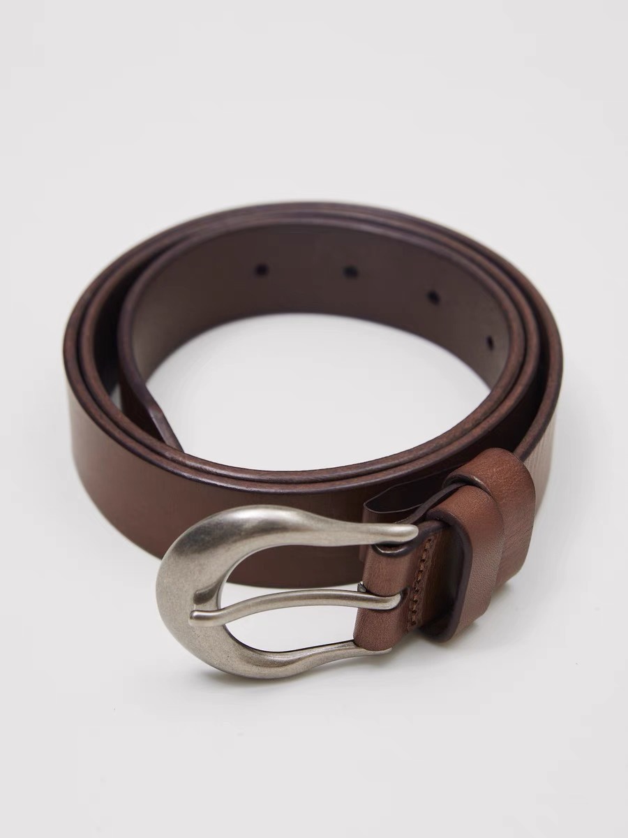 意大利头层牛皮银扣头腰带女真皮皮带