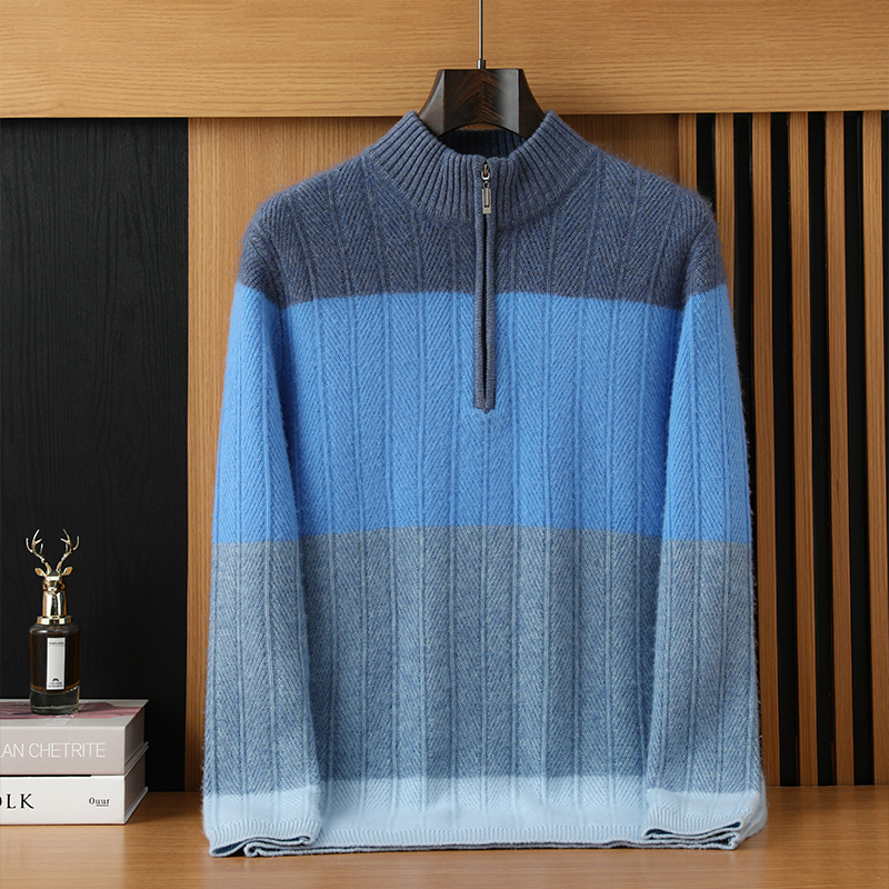 山羊绒新款半拉链立领拼色针织衫男士休闲羊毛绞花长袖保暖毛衣潮
