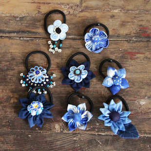 云南大理手工扎染发圈草木蓝染花朵发绳蓝白发饰创意文创旅游礼物