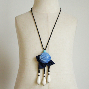 民族风蓝色扎染项链中国风挂饰长款百搭配饰文艺气质布艺毛衣链