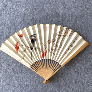 书法 夏季 堂折扇红叶栖禽图彩绘人工手写行书 怀袖 苏工扇面 促销