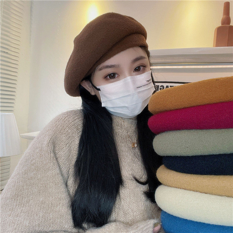 高品质羊毛呢网红气质复古贝雷帽女秋冬保暖百搭纯色画家帽显脸小