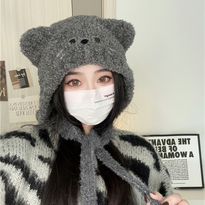 橘子哥哥2024冬季新款时尚保暖可爱灰色小熊帽子女日系甜美护耳帽