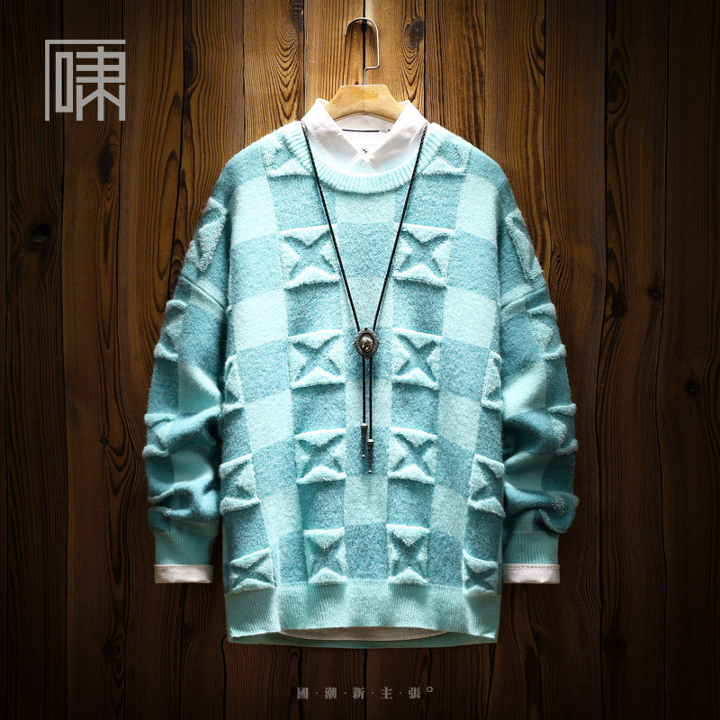 【断码】x图案格子毛衣 男日系复古潮流宽松针织衫男装内搭打底衫