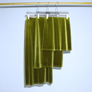 秋冬新款 香草绿丝绒高腰显瘦长裙松紧腰开叉小个子A字直筒半身裙