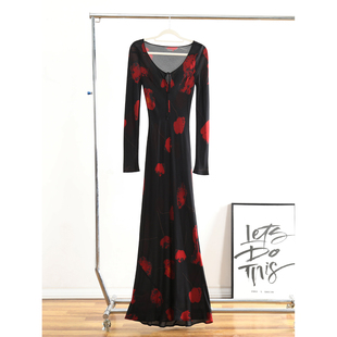 法式复古轻奢小众100%桑蚕丝真丝黑色印花长袖修身优雅连衣裙女