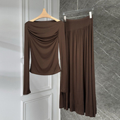 半身裙套装 针织衫 垂感显瘦垂感长袖 早春重磅天丝羊毛一字肩法式