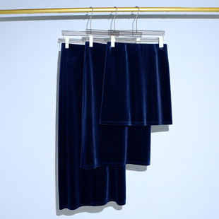 秋冬新款 藏蓝色丝绒高腰显瘦长裙松紧腰开叉气质A字直筒半身裙女