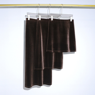 深咖色丝绒高腰秋冬新款 显瘦长裙松紧腰开叉气质A字直筒半身裙女