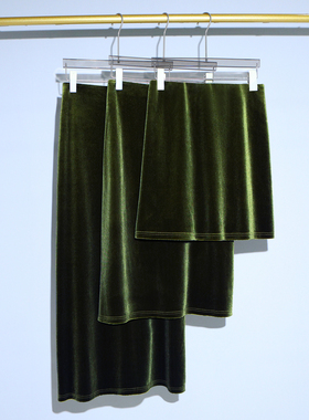 秋冬新款深绿色丝绒高腰显瘦长裙松紧腰开叉气质A字直筒半身裙女