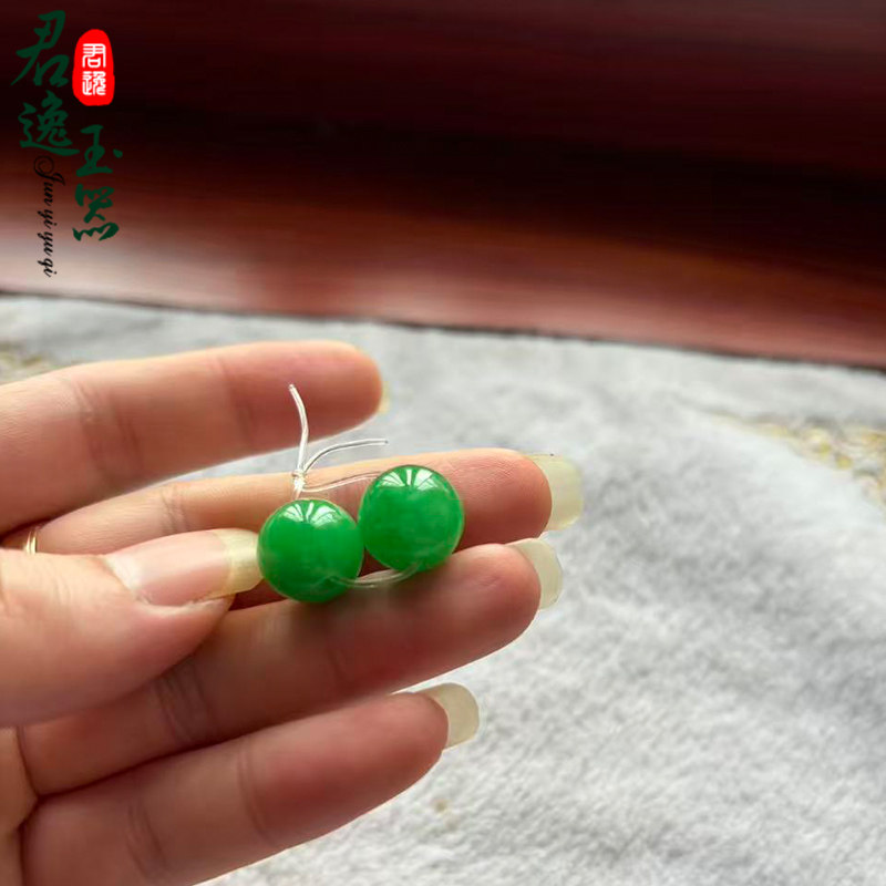 天然翡翠A货辣绿圆珠 阳绿对珠散珠 diy圆珠转运珠玉珠直径12.8mm