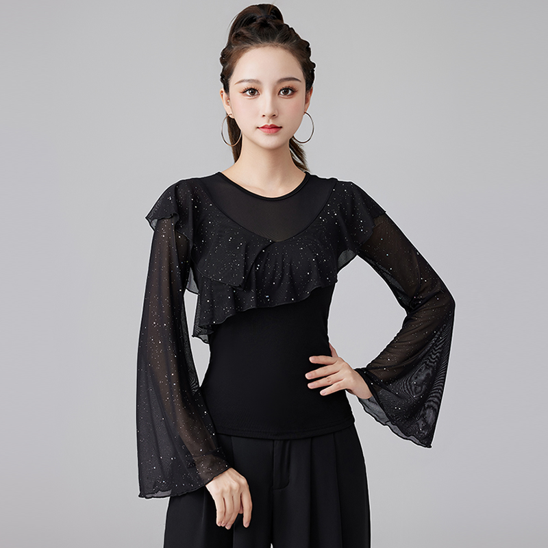 2025新款拉丁舞服装上衣长袖女春秋喇叭袖舞衣国标舞摩登舞比赛服