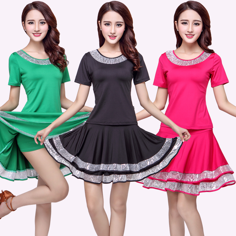 新款广场舞服装夏季裙子套装短袖成人演出服拉丁舞蹈短裙练功套裙
