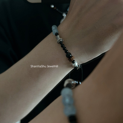 山下树 时来运转 原创天然老矿海蓝宝黑曜石纯银腰珠情侣手链补水