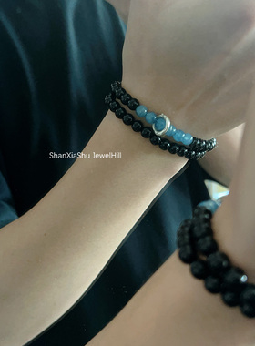 山下树 s925银平安福天然黑曜石海蓝宝手串男情侣生日礼物女手链
