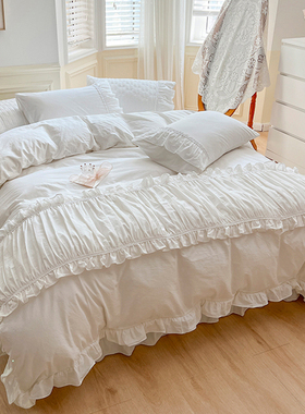 少女心水洗棉四件套白色仙女全棉荷叶边被套纯棉床单床笠床上用u.