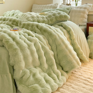 冬季绿色兔兔毛绒立体剪花简约ins四件套牛奶珊瑚绒床上用品床单4