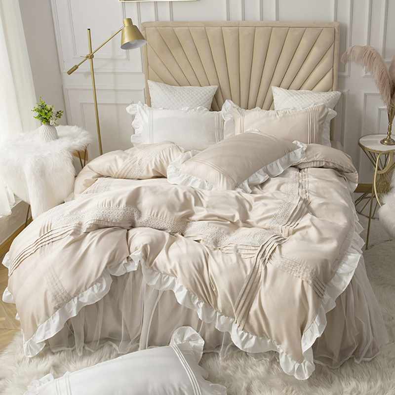 夏季亲肤床单被套床上纯棉四件套100全棉少女心公主风蕾丝床裙款4