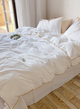 韩式简约全棉100纯白色床上用品水洗棉四件套纯棉裸睡床单ins被u.